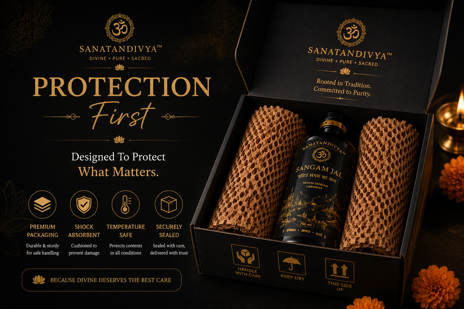 Protective packaging around a sacred water container