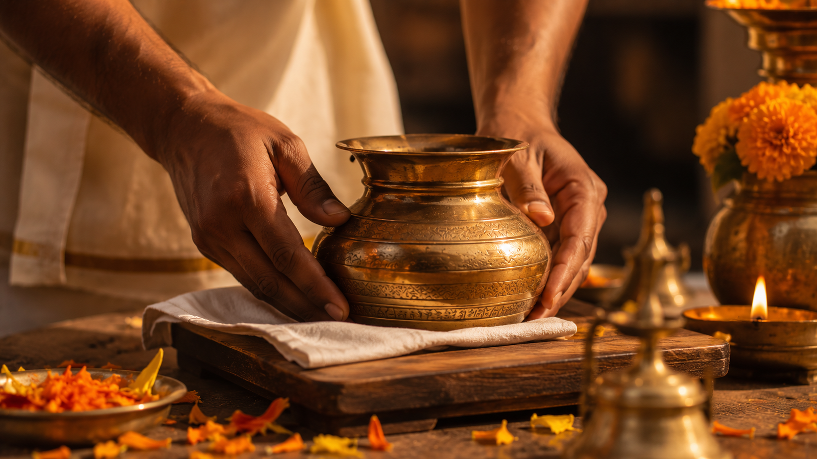 Careful respectful handling of a sacred vessel