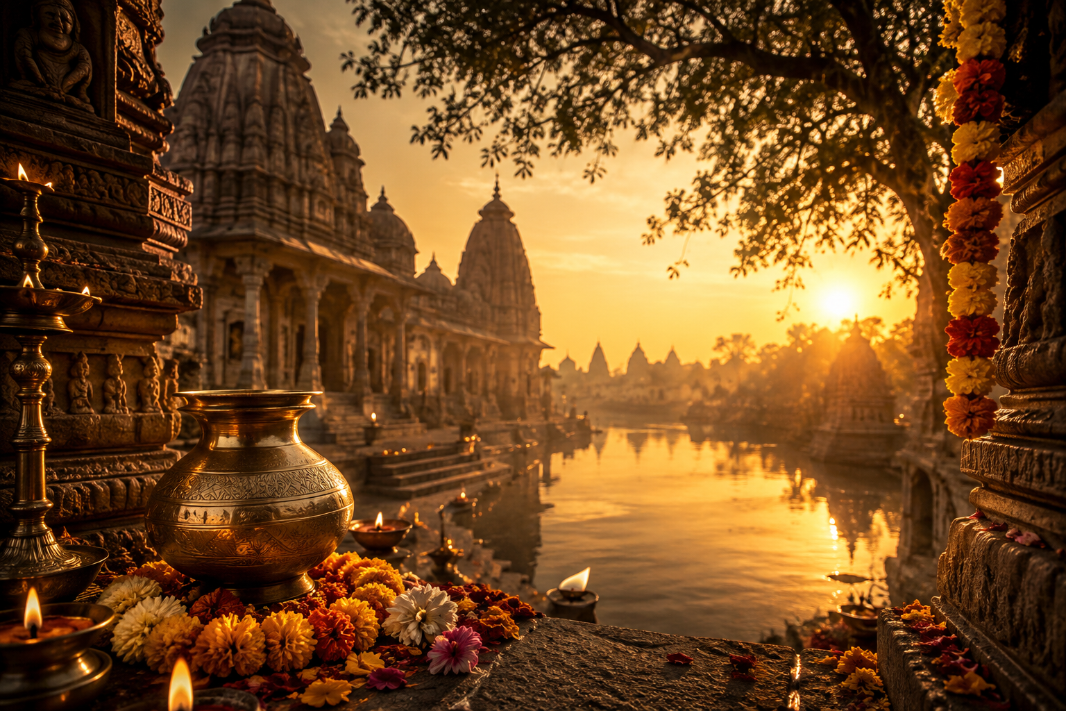 Sacred river and temple heritage representing India's spiritual traditions